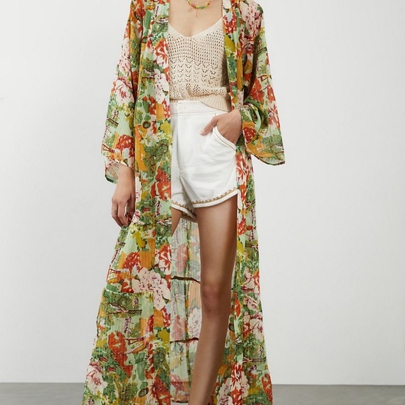 Anthropologie Other - Anthropologie Floral Sheer Maxi Robe in Green, Orange, Pink